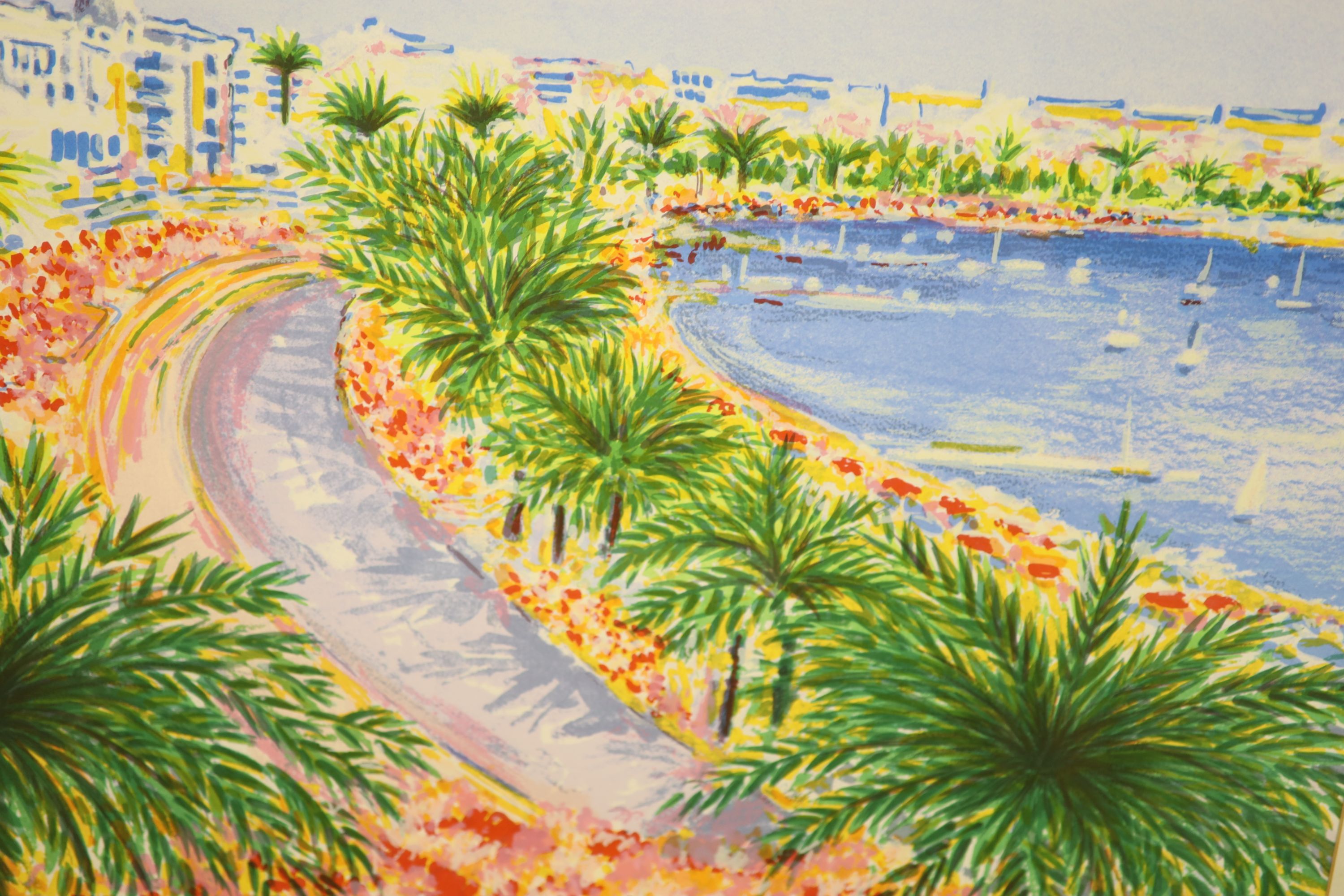 A group of pictures and prints, including a screenprint of the Cote D'Azur and horse racing subjects